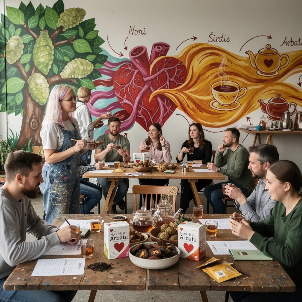 Noni vaisių arbata puodelyje, šalia šviežių Noni vaisių.