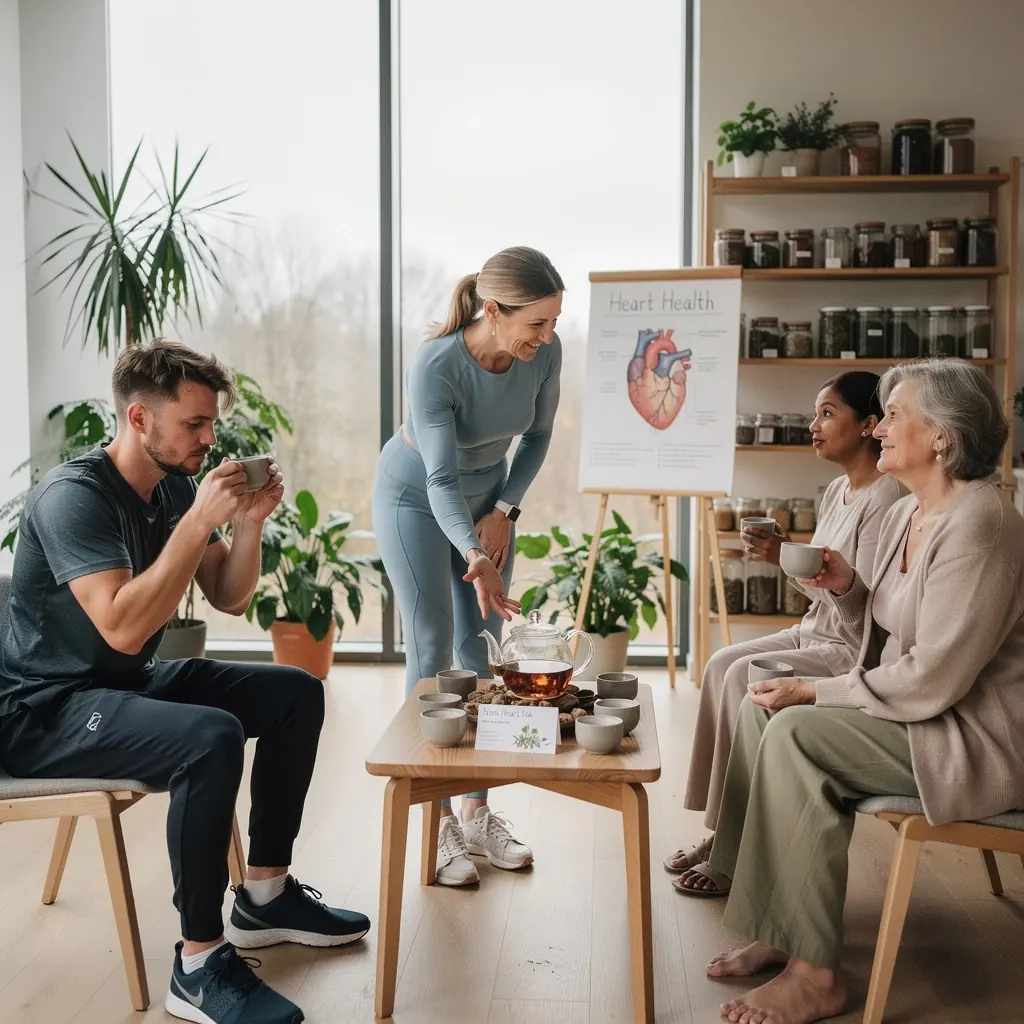 Žmonės mėgaujasi Noni vaisių arbata gamtoje, šalia gražios panoramos.