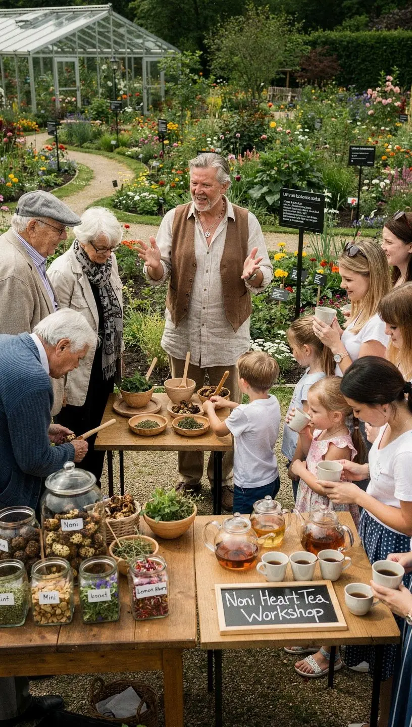 Noni vaisių arbata puodelyje, aplinkoje su tropiniais augalais